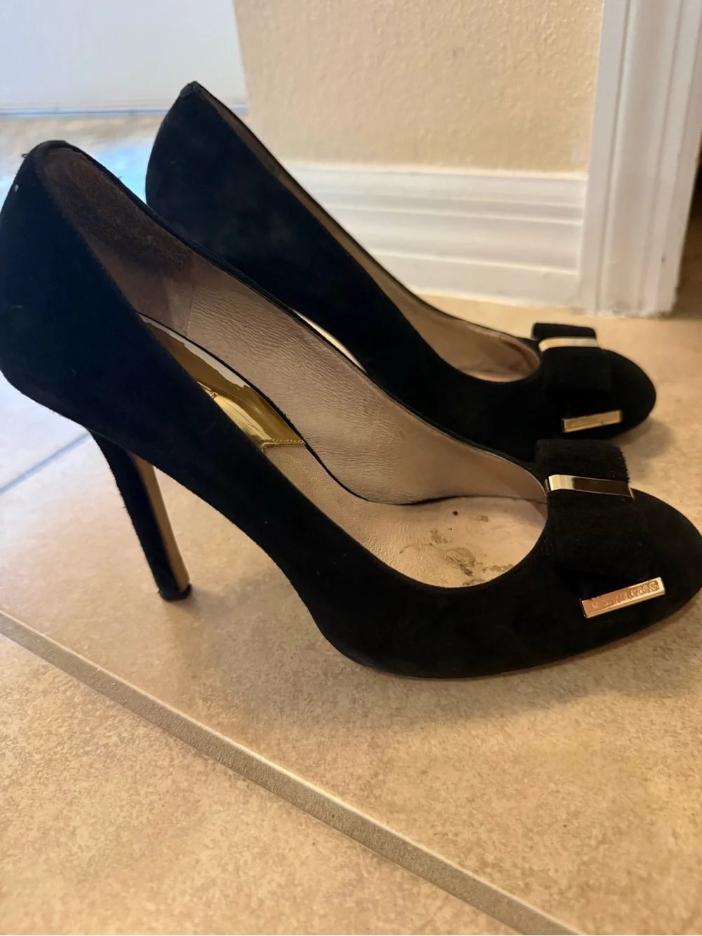 Michael Kors Black Suede Bow Pumps with Gold Trim